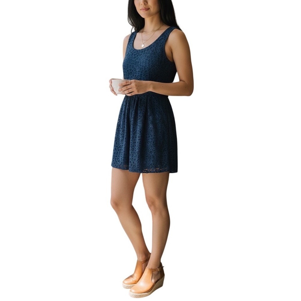 J.Crew Navy Blue Floral Lace‎ Dress Pockets SZ 8 Cocktail Party Wedding Guest